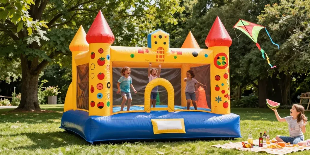 Children having fun in a colorful bounce castle at a sunny backyard party.