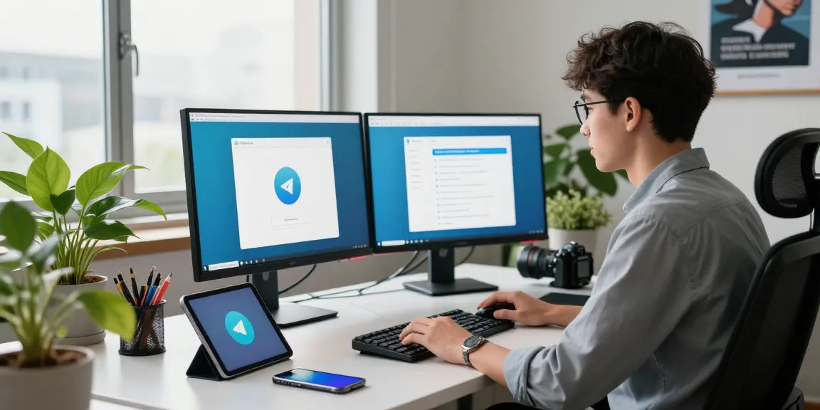 Telegram download showcased on modern workspace with professional using tech gadgets in a bright office setting.