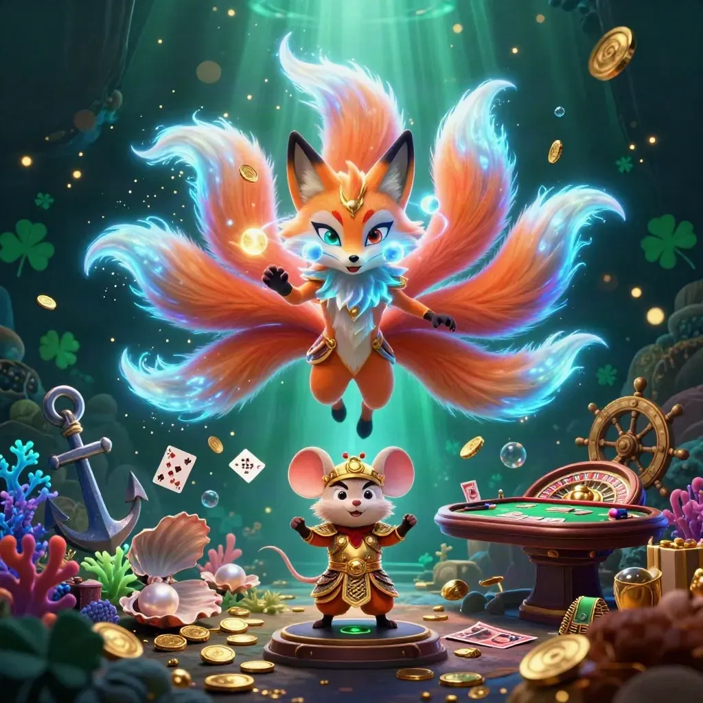 Neon fox spirit and samurai mouse amid casino treasure in a dark emerald glow.
