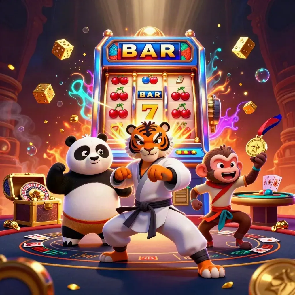 Kung-fu tiger, panda, and monkey amid casino bursts, dice, gold, and glowing table lights.