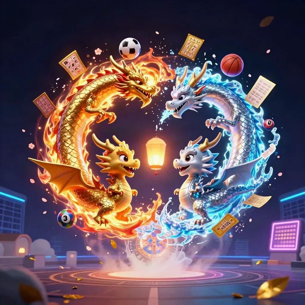 Twin gold and silver dragons spiral with fire and ice amid casino game props and neon light.