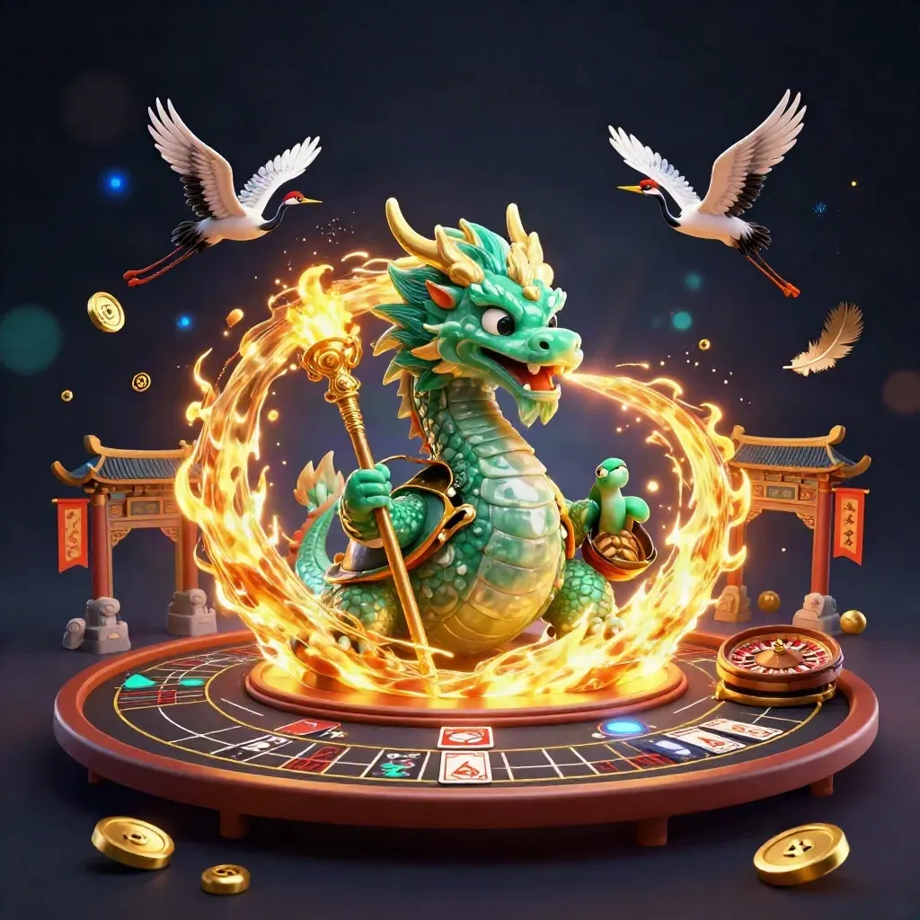 Emerald dragon, turtle sage, and cranes in a neon casino fantasy with roulette, cards, and gold glow.