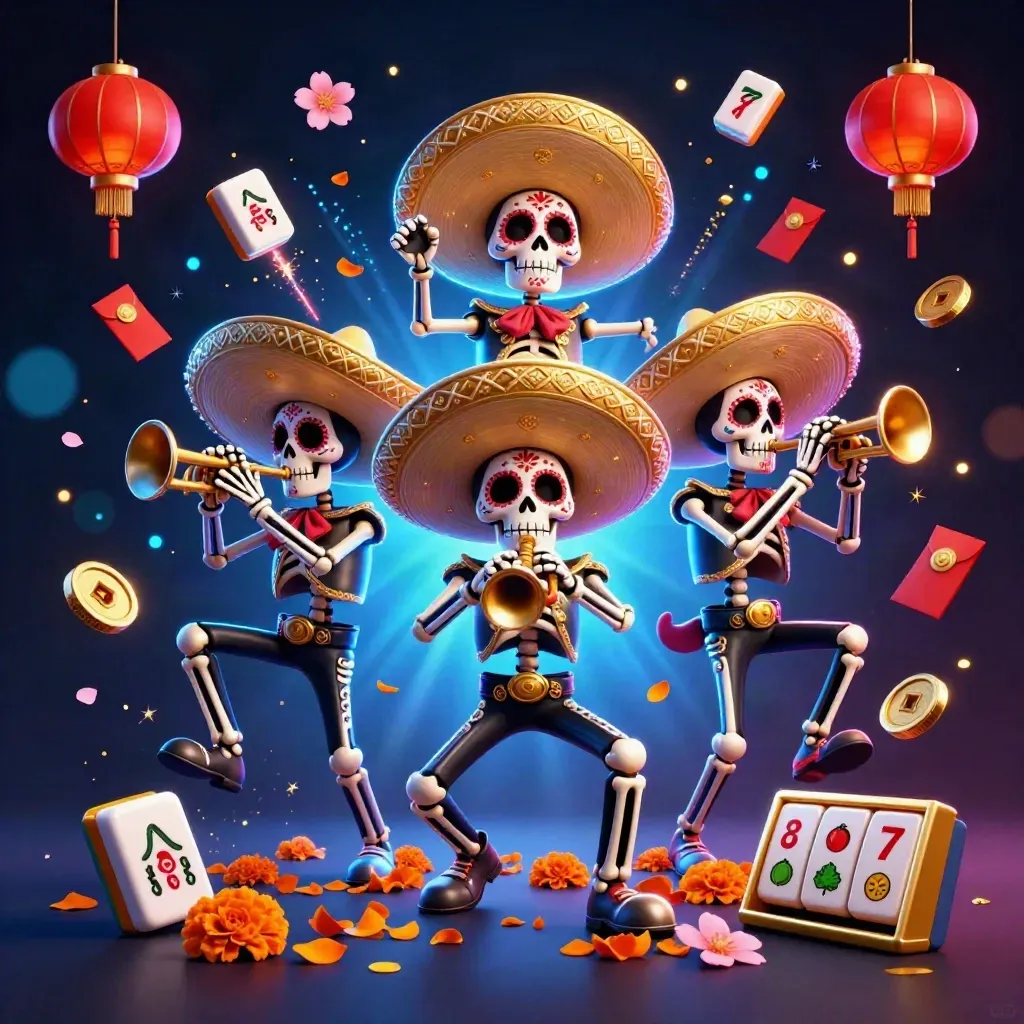 Skeleton mariachi trio amid casino sparks, lanterns, coins, and cherry blossoms