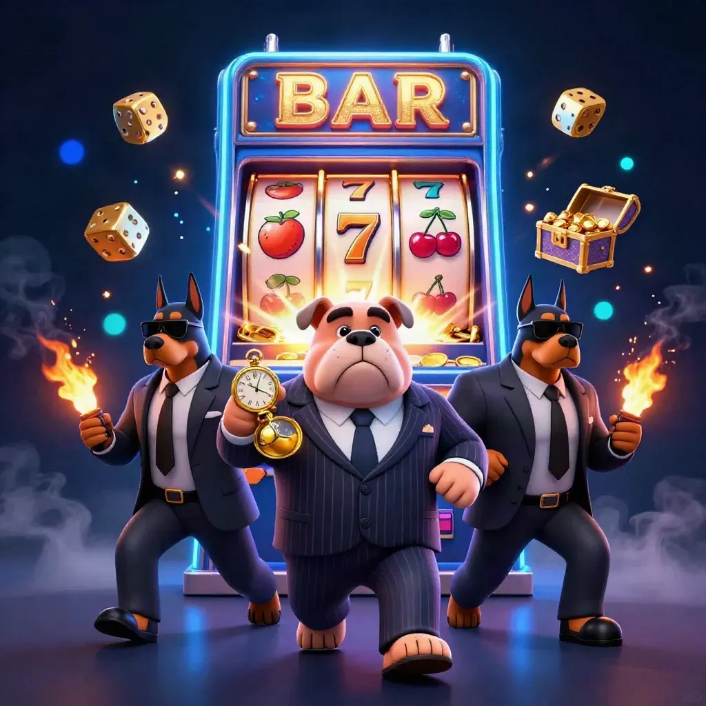 Bulldog boss and two Dobermans amid exploding slot machine gold, dice, and neon blue light.