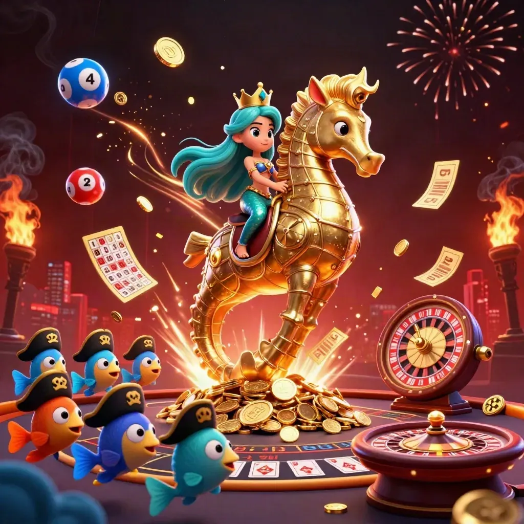 Mermaid princess rides an armored seahorse amid casino gold, wheels, coins, fireworks, and glowing lights.