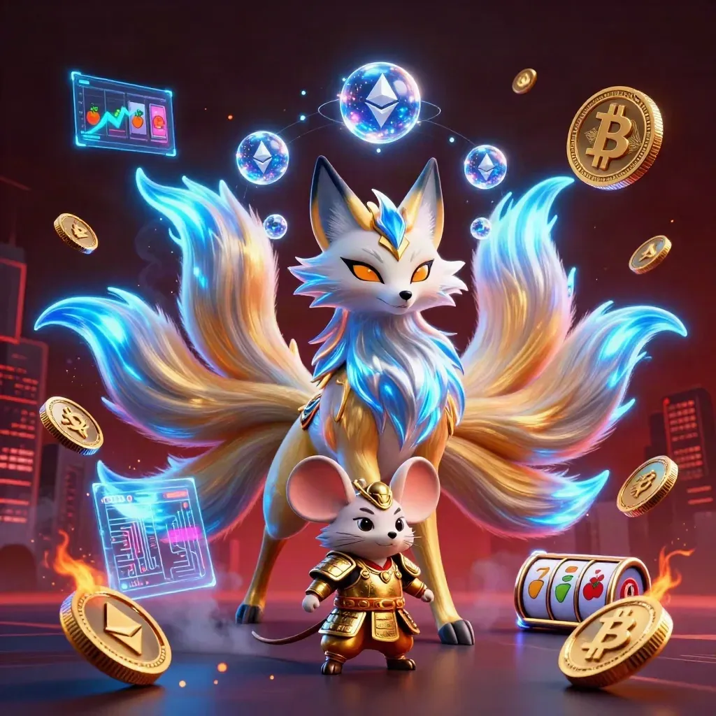 Neon fox spirit and armored mouse amid casino coins, reels, lightning, and skyline