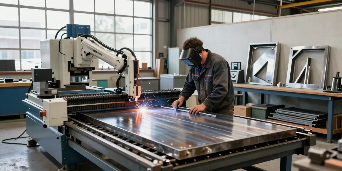 Custom metal fabrication in West Vancouver featuring expert technician working with steel sheets and precision tools.